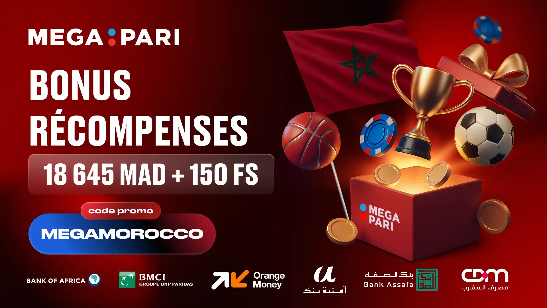 Boîte cadeau remplie d’argent et de pièces symbolisant les bonus Megapari au Maroc