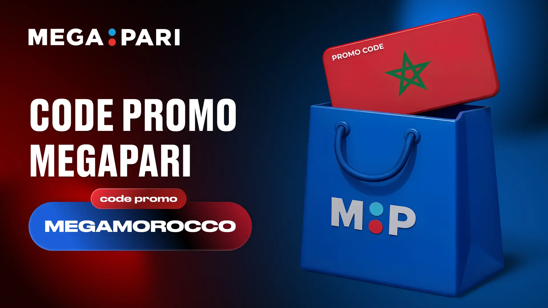 Carte de code promo Megapari avec le drapeau du Maroc dans un sac de shopping