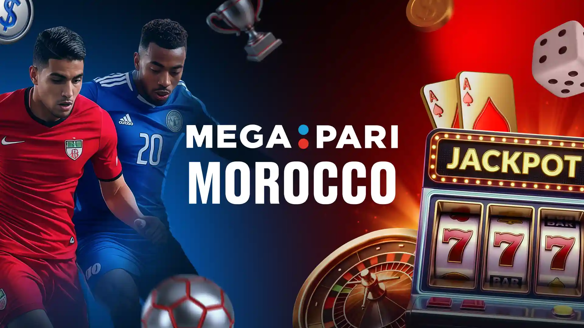 Des joueurs de football avec des éléments de casino symbolisant les paris sportifs sur Megapari Maroc